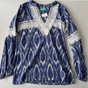 TAJ by Sabrina Top Women’s S Fringed Cotton V-neck Tunic Boho Beach Blue Ikat